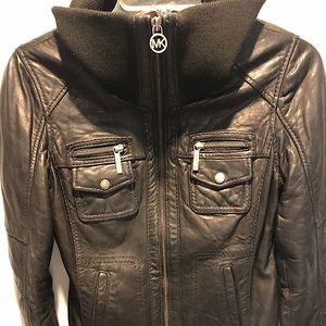 Michael Kors leather moto jacket with knit collar